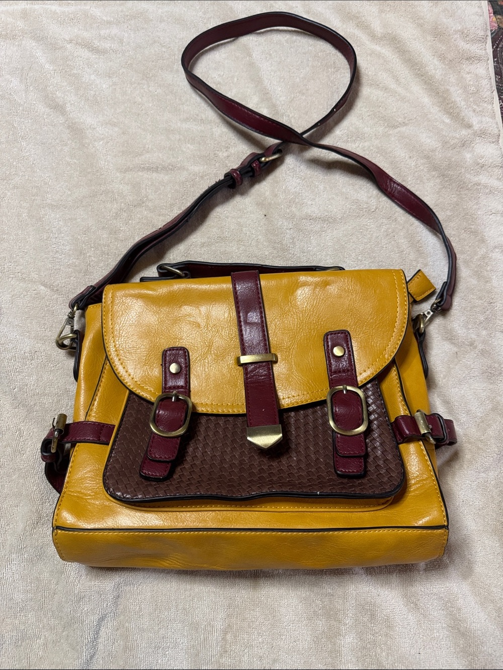 ModCloth Yellow and Burgundy Leather Satchel with Brown Woven Accent